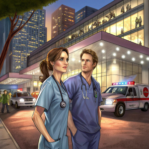 Torrey DeVitto and Nick Gehlfuss, dressed in scrubs, standing outside a bustling urban hospital with emergency vehicles in the background.