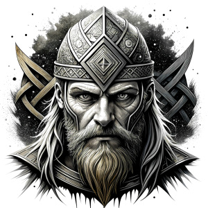 walhalla, viking warrior,  runics face, black work, white backrounds