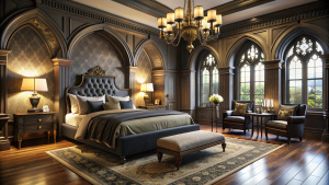 luxury, interior design hotel bedroom, style Gothic Revival, dark tones