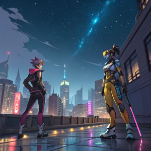 Overwatch characters Tracer and Mercy in a bustling cityscape. They are standing on a rooftop with skyline view. The setting is at night with neon lights reflecting off the wet pavement