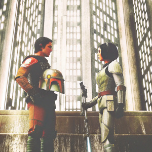 Ezra Bridger and Sabine Wren from Star Wars Rebels. In their animated form, standing in front of a vast, futuristic cityscape. The background showcases towering skyscrapers with large, gleaming windows.