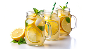 Homemade refreshing summer lemonade drink with lemon slices and ice in mason jars isolated on white background