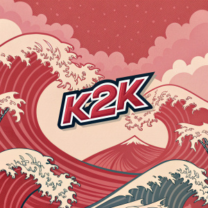 K2K logo design, vibrant and dynamic. Digital wallpaper with flowing, wave-like shapes in a mix of bold red and soft hues.