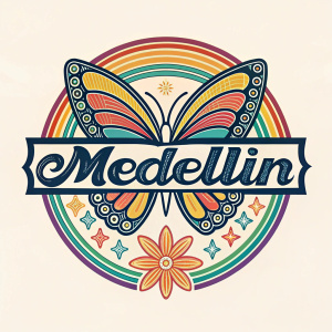 Logo design for Medellin. Vibrant colors, abstract butterfly symbol, intricate font style, dynamic layout.