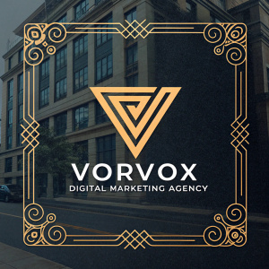 Modern digital marketing firm logo featuring angular chevron and ornate golden border. Dark background. Bold text 'VORVOX Digital Marketing Agency' below