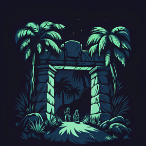 A whimsical illustration of a Jurassic Park entrance. The scene features a stone archway adorned with vibrant palm trees, rendered in a colorful cartoon style.