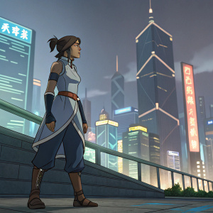 Korra, from Avatar: The Last Airbender, standing in a modern setting. Wearing a contemporary adaptation of her traditional outfit.