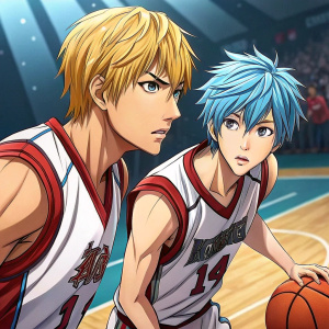 Digital artwork featuring basketball stars from 'Kuroko's Basketball.' Kise Ryouta, blonde hair, intense look, and Kuroko Tetsuya, blue hair, sharing a moment.