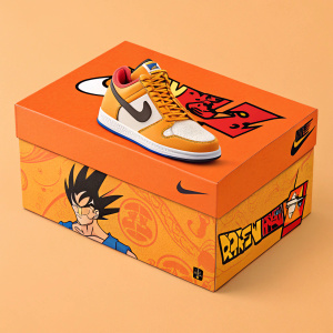 Limited edition Nike sneaker box featuring Dragon Ball Z theme. Bright orange background with prominent Nike and Dragon Ball Z logos, graphic design showcasing a well-known character from the series.