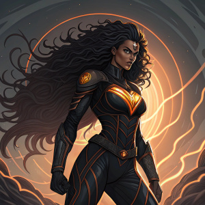 Strayder Goddess Blackhole, a formidable figure with long, dark, wavy hair, stands in a fierce pose. Wearing a tight, black outfit with orange highlights. Set against a backdrop of swirling dark patterns and a glowing aura.