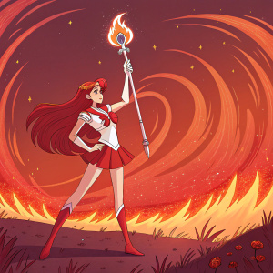 Sailor Mars, with fiery red hair, stands amidst a glowing digital landscape. She is dressed in her iconic costume, holding her Soul Heaven scepter. The background features a swirling vortex of red and orange flames.
