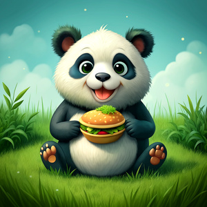 a panda sitting on grass and eating burger