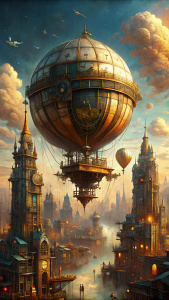 Steampunk, an airship flying over the city