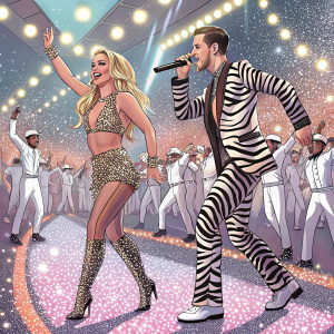 Britney Spears and G Eazy performing on a glittery stage. Dancers in zebra-striped outfits, crowded award ceremony.