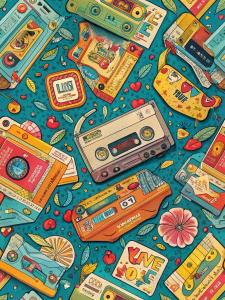 illustration of a picture from the dashing 90, cassette player, chupa chups , chewing gum love is