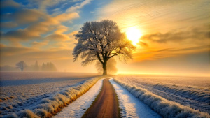 field tree winter sunrise mist snow way aside early morning