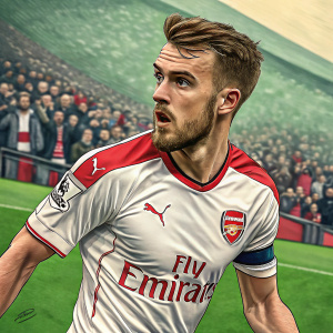Aaron Ramsey, Welsh footballer, intense expression, wearing a white Arsenal jersey with Emirates sponsorship logo. Playing soccer on a vibrant green pitch, audience in the background