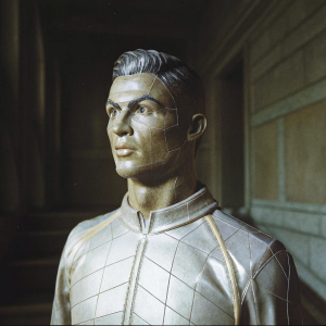 Cristiano Ronaldo's detailed 3D model, showing facial features and wireframe overlay. Dark, shadowy background