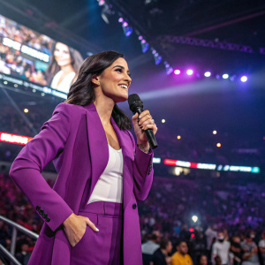 Megan Olivi, a Latina woman, in a vibrant purple blazer paired with a crisp white top, confidently holding a microphone on a bustling stage. Surrounded by a cheering crowd in a colossal indoor arena, bathed in dramatic stage lighting.