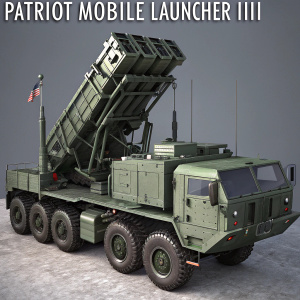 Detailed CGI render of the Patriot Mobile Launcher III. The machine is a large green military vehicle equipped with multiple artillery systems. Rendered in high detail, showcasing various components. Gray background, with title text at the top identifying the vehicle.