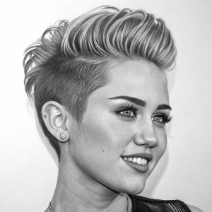 Realistic charcoal drawing of Miley Cyrus. Close-up on her face. Confident expression with short, styled hair