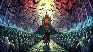 Large throne room. A bald vampire sitting on the throne at the farthest end. Lots of bats around. Dark background. Long-range perspective view. Hyper realistic. Tilt shift. Depth of field. Gothic style.
