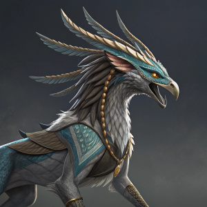 A digital art piece featuring a creature inspired by Revali from The Legend of Zelda: Breath of the Wild. The creature is in a dynamic pose, with alien-like design, sharp pointed features, and intricate braids. The background is a dark neutral shade.