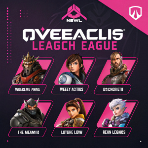 Promotional poster for Overwatch League. Grid layout showcasing various characters with distinct designs and armor styles. Dark background with pink highlights.