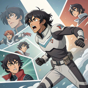 Digital artwork featuring Voltron character in various dynamic poses. Youthful design, dark hair, futuristic outfit in grayscale tones. Multiple sprites showcasing facial expressions and full body actions.