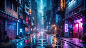 A hyper-realistic depiction of a futuristic cyberpunk alleyway, with holographic advertisements, neon lights, and rain-soaked streets in 8K resolution. (Resolution: 8K, Cyberpunk Alley)


