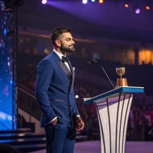 Virat Kohli in formal attire, wearing a navy blue suit. Standing beside a podium at a cricket awards ceremony.