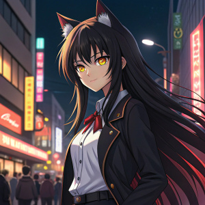 Kuroka, from High School DxD, with long black hair and golden eyes, standing confidently. Background is a street with neon lights and bustling crowd.