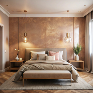 A minimalist bedroom is transformed with an accent wall coated in soft rose gold metallic paint, the gentle luminescence offering a warm and inviting glow that tranquillises the space, adding a touch of romance and elegance.