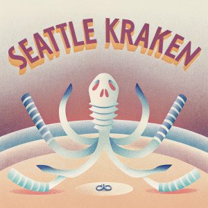 A terrifying ice hockey logo. The Seattle Kraken, a skeletal beast with snake-like tentacles, seems to slither across a field of turquoise. Above, the team's name 'Seattle Kraken' in bold font. Below, the Kraken's form appears to twist and turn, embodying the formidable spirit of the NHL.