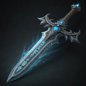 High-resolution 3D digital artwork showcasing the Lich King's iconic Frostmourne sword. The weapon is depicted in dark gray with blue glowing runes. Set against a pitch-black background, the intricate details of the blade and its menacing aura are highlighted.