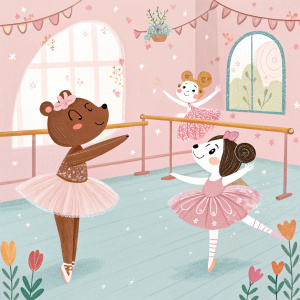 A whimsical illustration for a children's book. Pastel-hued ballet studio with a bear character and ballerinas. Playful, storybook style.