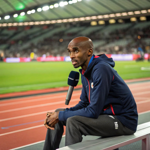 Mo Farah, post-race interview in stadium. Intense gaze, seated on bench. Behind him, green grass field. Crowd visible