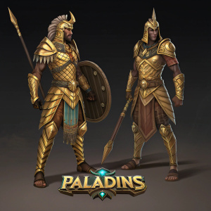 Concept art for Paladins featuring two warriors inspired by ancient Egypt. Gold and brown armor with intricate designs. The warriors are in a battle-ready stance against a dark, minimalist background. The Paladins logo is prominently displayed.