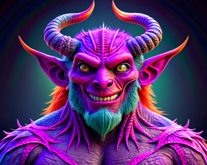 full-length purple demon, neon horns
