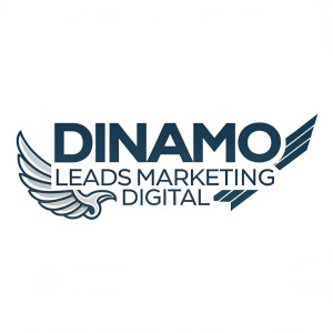 The logo for Dinamo Leads Marketing Digital. A sleek design with a modern font and an innovative graphic symbolizing flight.
