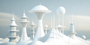 White illustration,  Wes Anderson style, 
 structural aesthetics, collage of many complex metal architectures with lighthouse, the bigest ocean and huge sky, white, more clear background, gain paper