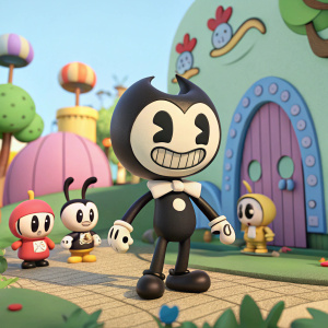 Bendy, the animated character from 'Bendy and the Ink Machine,' stands in a vibrant, colorful 3D environment. He is surrounded by a group of friendly cartoon characters in a whimsical, digital world.