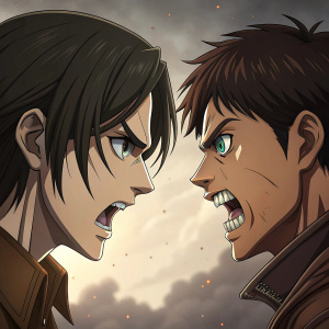 Eren Yeager and Zeke Yeager in an intense confrontation scene from 'Attack on Titan'. Both characters with close-up faces. Eren with neutral expression, Zeke with sharp teeth and fierce gaze.