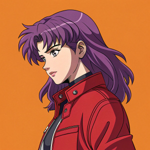 Digital illustration of Misato Katsuragi from Neon Genesis Evangelion. Voluminous purple hair with shades of violet. Red jacket. Solid orange background.