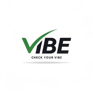 Modern logo for VIBE featuring a sleek green tick symbol alongside bold black text reading 'VIBE'. Subtle yet powerful, it promotes the brand's slogan 'CHECK YOUR VIBE' in smaller black letters.