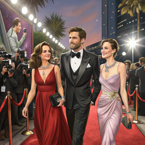 Carla Gugino, Oliver Jackson-Cohen, and Victoria Pedretti attending a glamorous Hollywood premiere. Star-studded red carpet, flashing lights, and paparazzi in the background.