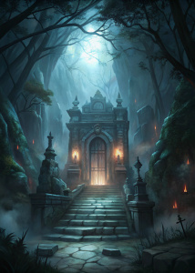 Anime art style of an entrance to a underground crypt, black, dark, night, fog, scary