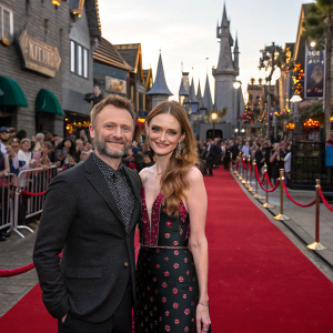 Chris Hardwick and Lydia Hearst at the grand opening of Universal Studios Hollywood's Wizarding World of Harry Potter. Festival atmosphere with crowds and excitement.