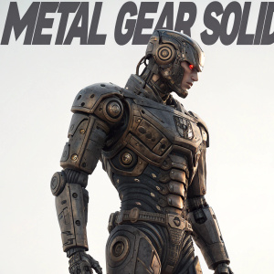 Metal Gear Solid game cover showcasing a robot-like protagonist with intricate, metallic details against a clean white backdrop. The title 'Metal Gear Solid' in bold, stylized font.