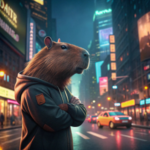 A digital illustration of Capybara-man. Furry capybara with crossed arms. Lively, chaotic cityscape background.